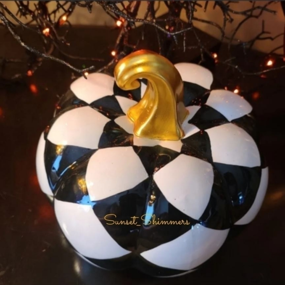 Mackenzie Style Black & White Harlaquin Ceramic Pumpkin Fall Halloween Decor New - Picture 2 of 5